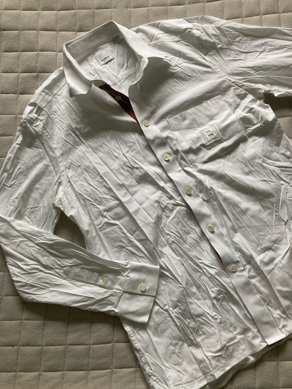 Burberry Men’s White Long-Sleeve Button-Up Shirt with Subtle Logo